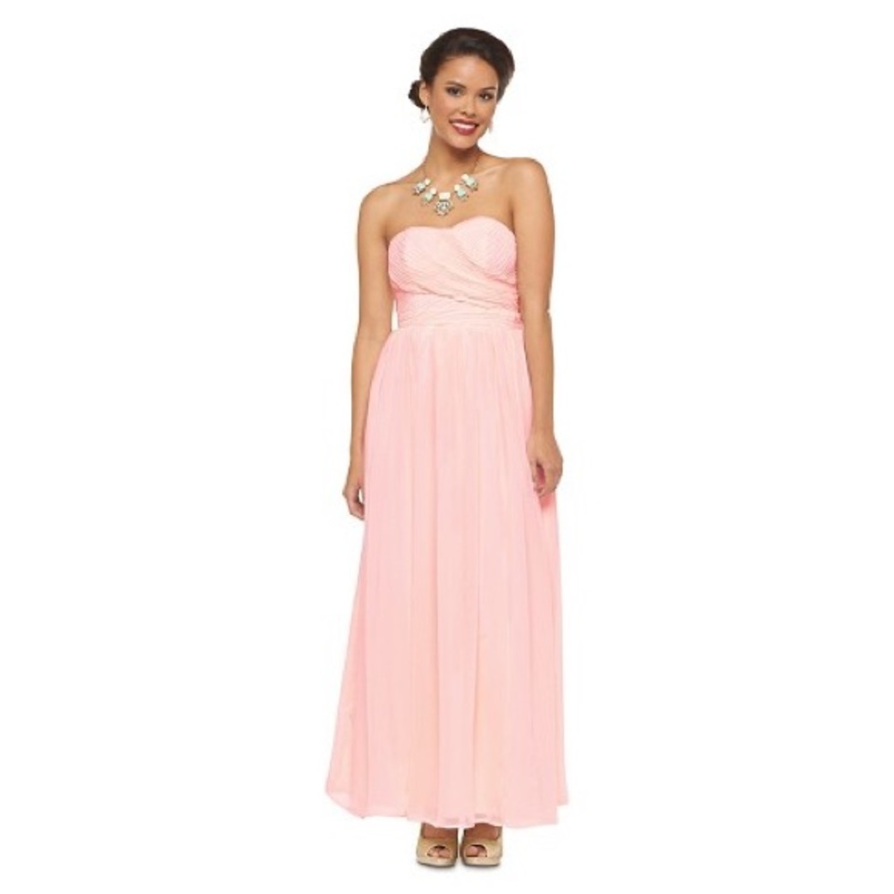 Blush pink strapless chiffon bridesmaid dress
